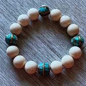 natural bead cream & turquoise with brass covering